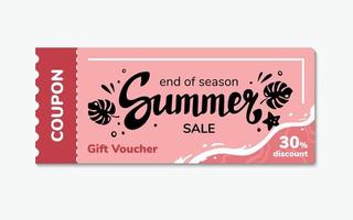 Summer end voucher coupon with lettering, logotype, print, label. Summer sales design template, vector illustration. Discount label with monstera leaves.