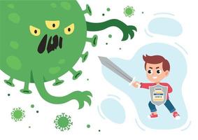 niño vacunado con espada y escudo luchando contra el monstruo coronavirus. ilustración vectorial de la vacunación de niños en estilo de dibujos animados planos.