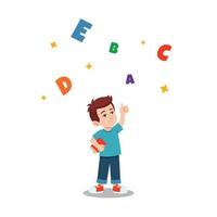 Little schoolboy with a book in his hands shows thumbs up. Banner about school, studying, knowledge, the benefits of reading, learning the alphabet. Character, mascot of pupil. vector