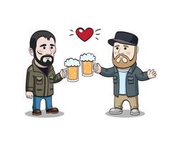 Bearded male characters with beer mugs. Cartoony men with beer mugs. Friendship and acquaintance concept. Meeting in pub. Beer lovers. Oktoberfest Vector illustration