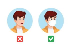 Man with and without medical mask. Mask required. No entry without wearing medical mask. Flat style vector illustration