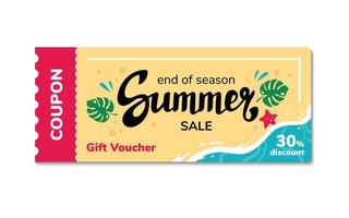 Summer end voucher lettering, logotype, print, label. Summer sales coupon design template, black white, vector illustration. Discount label with monstera leaves.