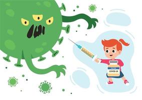 niña vacunada con jeringa como espada y botella de vacuna como escudo está luchando con el monstruo coronavirus. ilustración vectorial sobre la vacunación de niños en estilo plano. vector