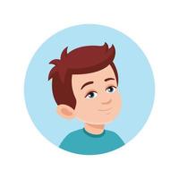 Avatar, portrait of a kid, child caucasian boy in round blue frame. Vector illustration in cartoon flat style
