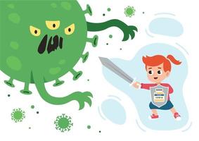 Vaccinated girl with sword and shield with bottle of vaccine is fighting with coronavirus monster. Vector illustration about vacctination of children in flat style.