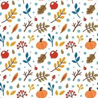 Autumn seamless pattern, fabric, textile, texture. Vector floral illustration. Fall pattern. Autumn elements - pumkin, apple, leaves, berries.