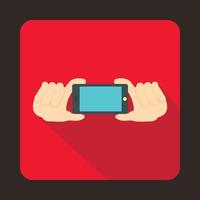 Two hands holding mobile phone icon, flat style vector
