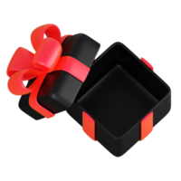 Realistic black gift box with red ribbon bow. Concept of abstract holiday, birthday, Christmas or Black Friday present or surprise. 3d high quality isolated render png