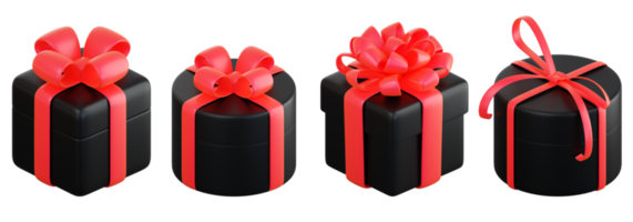 realistico nero regalo scatola impostato con rosso nastro arco. concetto di astratto vacanza, compleanno, Natale o nero Venerdì presente o sorpresa. 3d alto qualità isolato rendere png