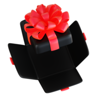 Realistic black gift box with red ribbon bow. Concept of abstract holiday, birthday, Christmas or Black Friday present or surprise. 3d high quality isolated render png