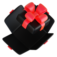 realistico nero regalo scatola con rosso nastro arco. concetto di astratto vacanza, compleanno, Natale o nero Venerdì presente o sorpresa. 3d alto qualità isolato rendere png