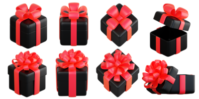 Realistic black gift box set with red ribbon bow. Concept of abstract holiday, birthday, Christmas or Black Friday present or surprise. 3d high quality isolated render png