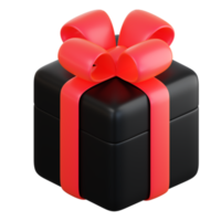 Realistic black gift box with red ribbon bow. Concept of abstract holiday, birthday, Christmas or Black Friday present or surprise. 3d high quality isolated render png