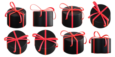 realistisk svart gåva låda uppsättning med röd band rosett. begrepp av abstrakt Semester, födelsedag, jul eller svart fredag närvarande eller överraskning. 3d hög kvalitet isolerat framställa png
