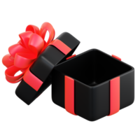 Realistic black gift box with red ribbon bow. Concept of abstract holiday, birthday, Christmas or Black Friday present or surprise. 3d high quality isolated render png