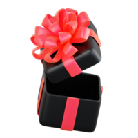 Realistic black gift box with red ribbon bow. Concept of abstract holiday, birthday, Christmas or Black Friday present or surprise. 3d high quality isolated render png