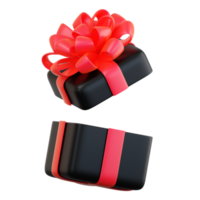 Realistic black gift box with red ribbon bow. Concept of abstract holiday, birthday, Christmas or Black Friday present or surprise. 3d high quality isolated render png