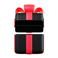 Realistic black gift box with red ribbon bow. Concept of abstract holiday, birthday, Christmas or Black Friday present or surprise. 3d high quality isolated render png