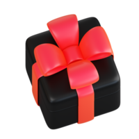 Realistic black gift box with red ribbon bow. Concept of abstract holiday, birthday, Christmas or Black Friday present or surprise. 3d high quality isolated render png