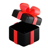 Realistic black gift box with red ribbon bow. Concept of abstract holiday, birthday, Christmas or Black Friday present or surprise. 3d high quality isolated render png