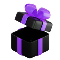 Realistic black gift box with violet or purple ribbon bow. Concept of abstract holiday, birthday, Christmas or Black Friday present or surprise. 3d high quality isolated render png