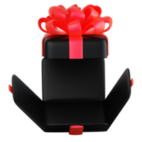 Realistic black gift box with red ribbon bow. Concept of abstract holiday, birthday, Christmas or Black Friday present or surprise. 3d high quality isolated render png