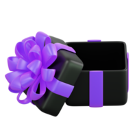 Realistic black gift box with violet or purple ribbon bow. Concept of abstract holiday, birthday, Christmas or Black Friday present or surprise. 3d high quality isolated render png