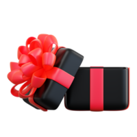 Realistic black gift box with red ribbon bow. Concept of abstract holiday, birthday, Christmas or Black Friday present or surprise. 3d high quality isolated render