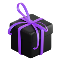 Realistic black gift box with violet or purple ribbon bow. Concept of abstract holiday, birthday, Christmas or Black Friday present or surprise. 3d high quality isolated render png