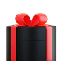 Realistic black gift box with red ribbon bow. Concept of abstract holiday, birthday, Christmas or Black Friday present or surprise. 3d high quality isolated render png