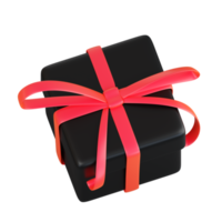 Realistic black gift box with red ribbon bow. Concept of abstract holiday, birthday, Christmas or Black Friday present or surprise. 3d high quality isolated render png