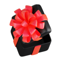 Realistic black gift box with red ribbon bow. Concept of abstract holiday, birthday, Christmas or Black Friday present or surprise. 3d high quality isolated render png