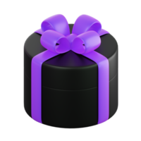 Realistic black gift box with violet or purple ribbon bow. Concept of abstract holiday, birthday, Christmas or Black Friday present or surprise. 3d high quality isolated render png