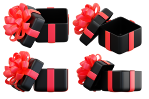 Realistic black gift box set with red ribbon bow. Concept of abstract holiday, birthday, Christmas or Black Friday present or surprise. 3d high quality isolated render png