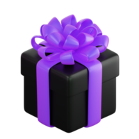 Realistic black gift box with violet or purple ribbon bow. Concept of abstract holiday, birthday, Christmas or Black Friday present or surprise. 3d high quality isolated render png