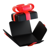 Realistic black gift box with red ribbon bow. Concept of abstract holiday, birthday, Christmas or Black Friday present or surprise. 3d high quality isolated render png