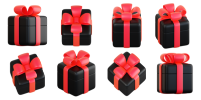 realistico nero regalo scatola impostato con rosso nastro arco. concetto di astratto vacanza, compleanno, Natale o nero Venerdì presente o sorpresa. 3d alto qualità isolato rendere png