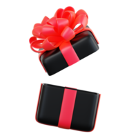 Realistic black gift box with red ribbon bow. Concept of abstract holiday, birthday, Christmas or Black Friday present or surprise. 3d high quality isolated render png