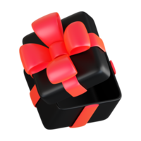 realistisch zwart geschenk doos met rood lint boog. concept van abstract vakantie, verjaardag, Kerstmis of zwart vrijdag Cadeau of verrassing. 3d hoog kwaliteit geïsoleerd geven png