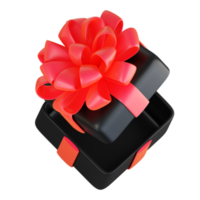 Realistic black gift box with red ribbon bow. Concept of abstract holiday, birthday, Christmas or Black Friday present or surprise. 3d high quality isolated render png