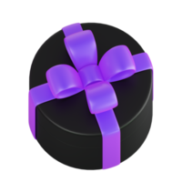 Realistic black gift box with violet or purple ribbon bow. Concept of abstract holiday, birthday, Christmas or Black Friday present or surprise. 3d high quality isolated render