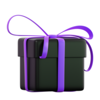 Realistic black gift box with violet or purple ribbon bow. Concept of abstract holiday, birthday, Christmas or Black Friday present or surprise. 3d high quality isolated render png