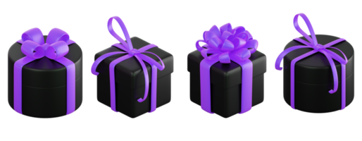 Realistic black gift box set with violet or purple ribbon bow. Concept of abstract holiday, birthday, Christmas or Black Friday present or surprise. 3d high quality isolated render