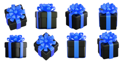 Realistic black gift box with blue ribbon bow. Concept of abstract holiday, birthday, Christmas or Black Friday present or surprise. 3d high quality isolated render