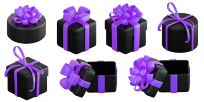 Realistic black gift box set with violet or purple ribbon bow. Concept of abstract holiday, birthday, Christmas or Black Friday present or surprise. 3d high quality isolated render png