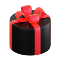 Realistic black gift box with red ribbon bow. Concept of abstract holiday, birthday, Christmas or Black Friday present or surprise. 3d high quality isolated render png