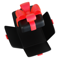 Realistic black gift box with red ribbon bow. Concept of abstract holiday, birthday, Christmas or Black Friday present or surprise. 3d high quality isolated render png