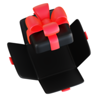 Realistic black gift box with red ribbon bow. Concept of abstract holiday, birthday, Christmas or Black Friday present or surprise. 3d high quality isolated render png