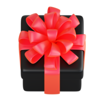 Realistic black gift box with red ribbon bow. Concept of abstract holiday, birthday, Christmas or Black Friday present or surprise. 3d high quality isolated render png