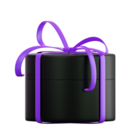 Realistic black gift box with violet or purple ribbon bow. Concept of abstract holiday, birthday, Christmas or Black Friday present or surprise. 3d high quality isolated render png